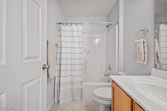 full bath featuring tile patterned floors, toilet, vanity, and shower / bathtub combination with curtain