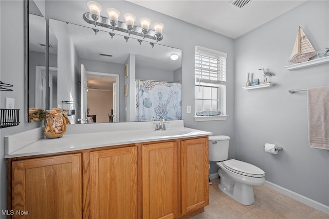 bathroom with visible vents, baseboards, toilet, tile patterned floors, and vanity