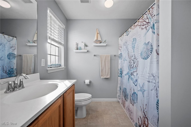 full bathroom with tile patterned floors, visible vents, toilet, baseboards, and vanity