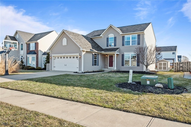 view of front of home featuring a residential view, an attached garage, concrete driveway, and a front lawn