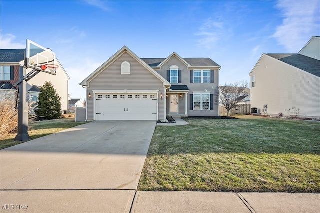 traditional-style home featuring driveway, a front lawn, fence, cooling unit, and an attached garage