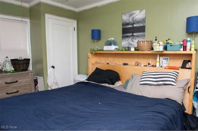 bedroom featuring crown molding and radiator heating unit