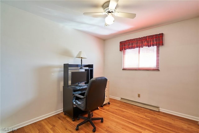 office featuring baseboards, a baseboard heating unit, light wood-style floors, and a ceiling fan