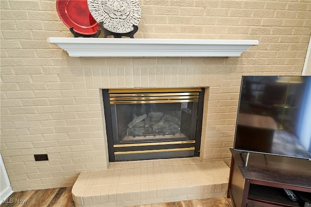 details with a glass covered fireplace and wood finished floors