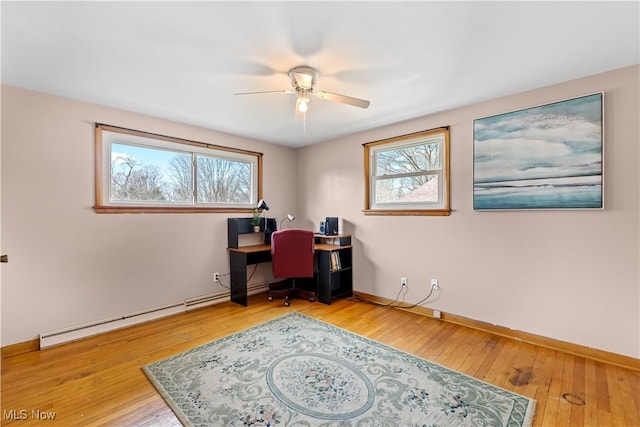 home office with a baseboard heating unit, a healthy amount of sunlight, and hardwood / wood-style floors