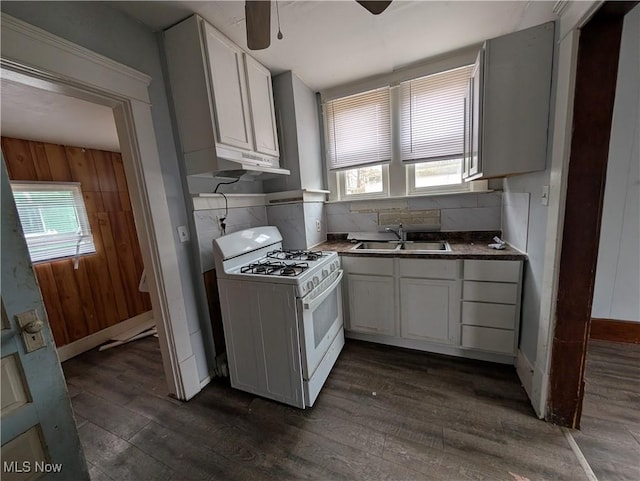 kitchen with dark wood-type flooring, white gas stove, plenty of natural light, and a sink