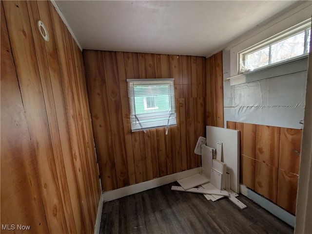 interior space with a wealth of natural light, dark wood-style floors, wood walls, and baseboards