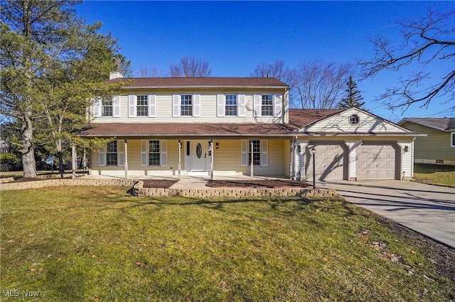 view of front of home featuring a front lawn, a porch, concrete driveway, a chimney, and an attached garage