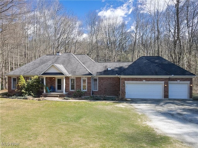 ranch-style house with brick siding, a shingled roof, a front lawn, dirt driveway, and an attached garage