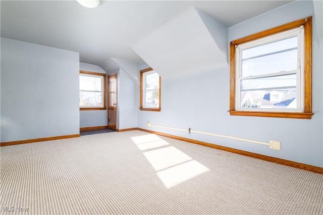 additional living space with baseboards, carpet, and vaulted ceiling