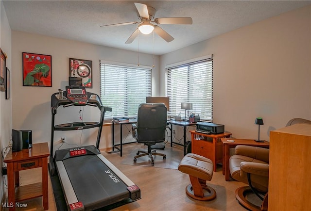 office space featuring ceiling fan, a textured ceiling, and wood finished floors