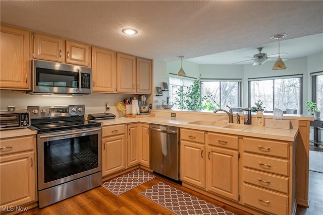 kitchen featuring a sink, appliances with stainless steel finishes, a peninsula, and light brown cabinets