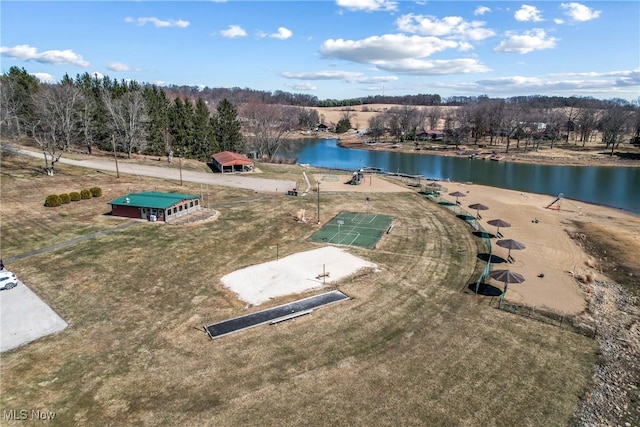 drone / aerial view with a water view