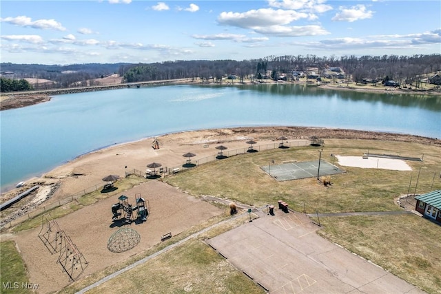 aerial view featuring a water view