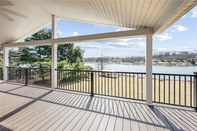 deck featuring a water view