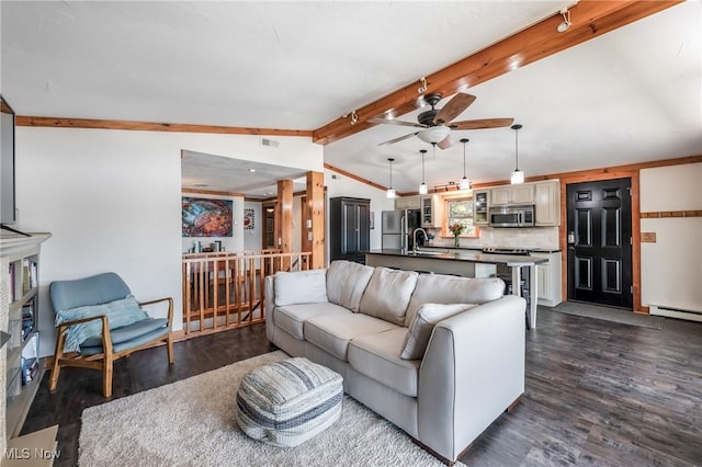 living room with vaulted ceiling with beams, dark wood-style floors, visible vents, and ceiling fan