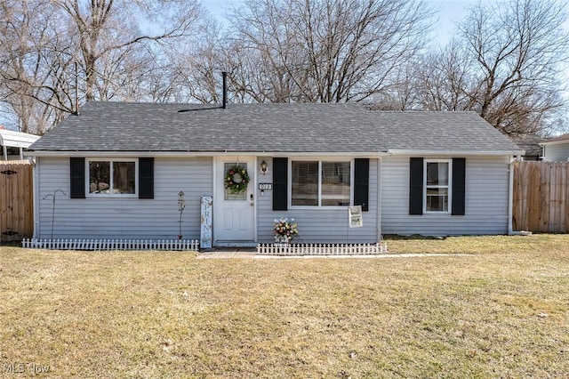 single story home with a front yard, fence, and roof with shingles