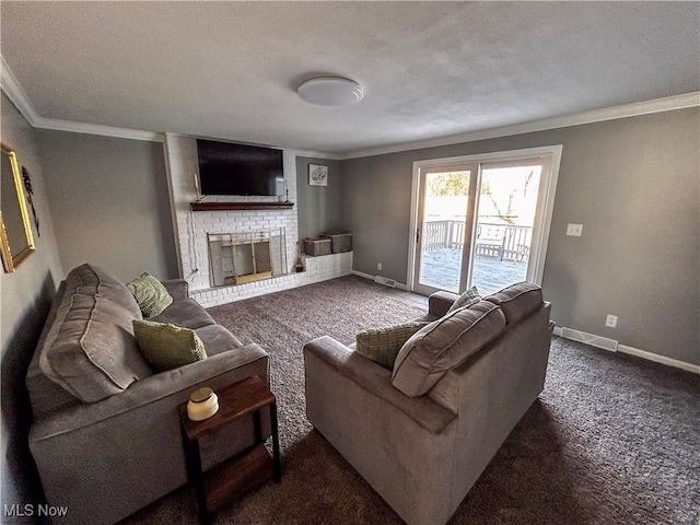 living area featuring a fireplace, crown molding, and baseboards