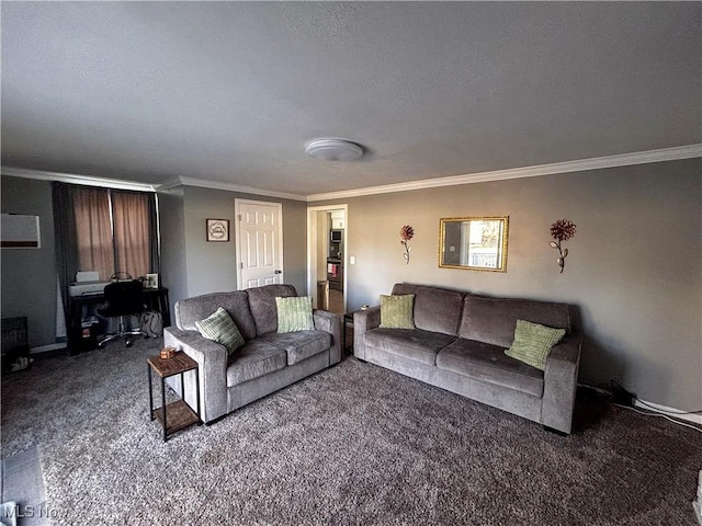 carpeted living room with a textured ceiling and crown molding