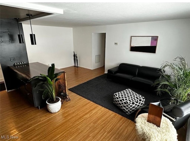 living room featuring wood finished floors and a textured ceiling