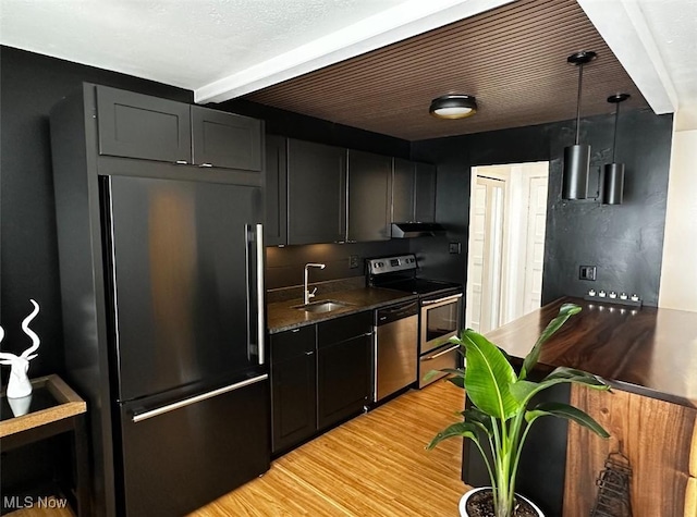 kitchen featuring a sink, under cabinet range hood, appliances with stainless steel finishes, light wood-style floors, and dark cabinets