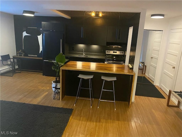 kitchen featuring light wood finished floors, stainless steel electric range, freestanding refrigerator, and wood counters