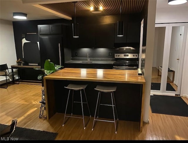 kitchen with a sink, electric stove, dark cabinets, and wood counters