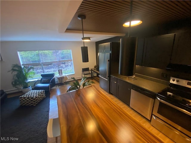 kitchen with hanging light fixtures, baseboard heating, light wood finished floors, and appliances with stainless steel finishes