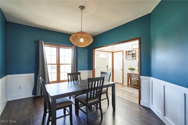 dining room featuring a textured ceiling, wainscoting, and dark wood-style flooring