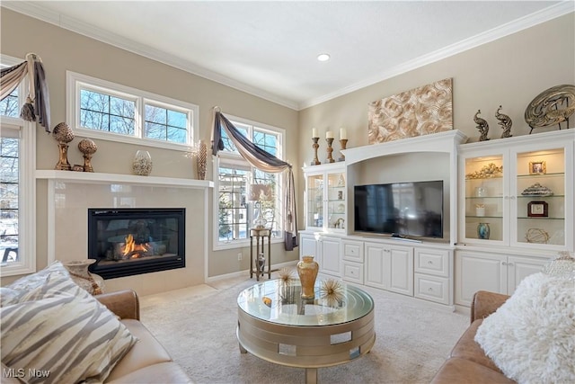 living area with carpet floors, ornamental molding, and a fireplace with flush hearth