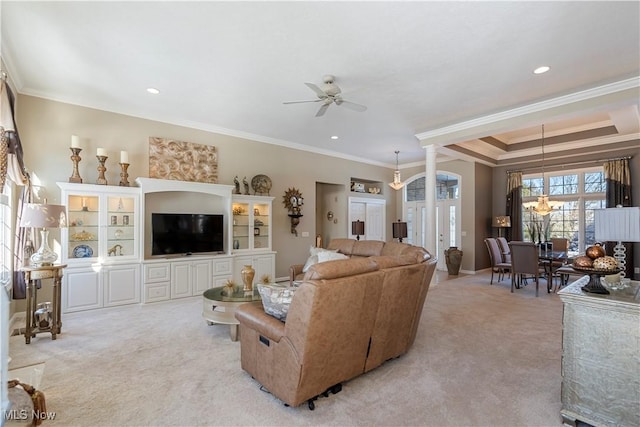 living area with light carpet, recessed lighting, a ceiling fan, and ornamental molding