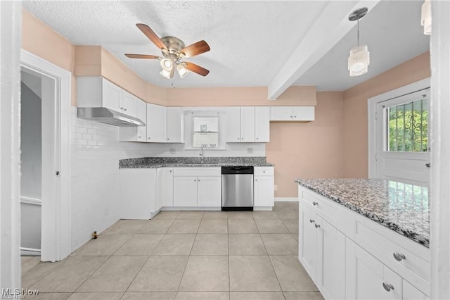 kitchen with under cabinet range hood, dishwasher, white cabinetry, and light stone countertops