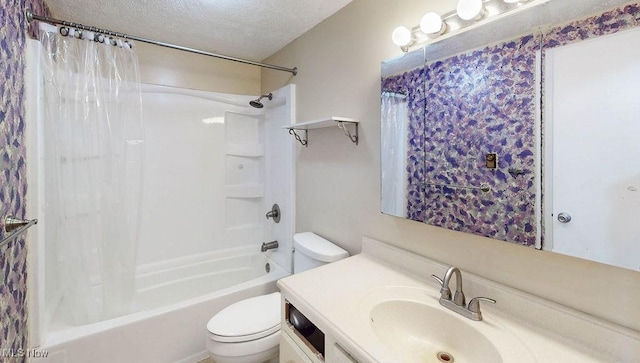 full bathroom with vanity, shower / bath combination with curtain, toilet, and a textured ceiling