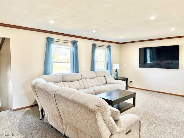 carpeted living room featuring recessed lighting, baseboards, and ornamental molding