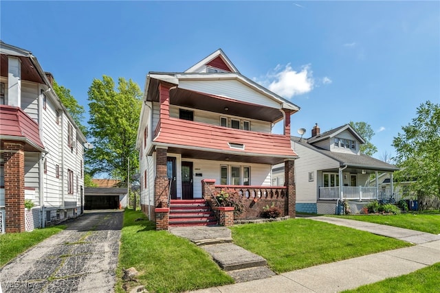 12117 Craven Ave, Cleveland, OH 44105 - view of front of property featuring covered porch, a balcony, a front yard, and a garage