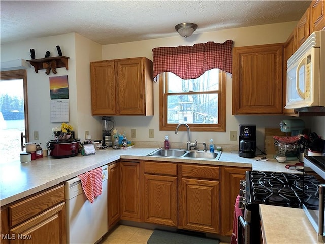 kitchen featuring white appliances, brown cabinetry, light countertops, and a sink