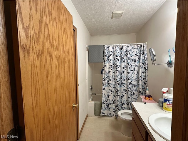 bathroom featuring visible vents, toilet, a textured ceiling, shower / bath combination with curtain, and vanity