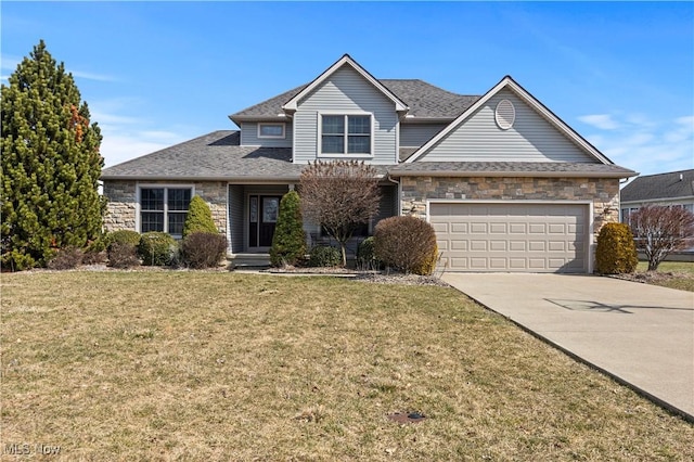 traditional-style home featuring stone siding, concrete driveway, and a front yard