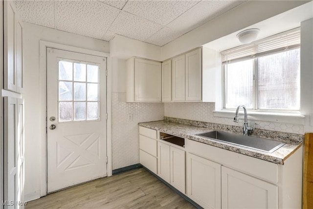 kitchen featuring light wood finished floors, plenty of natural light, a drop ceiling, and a sink