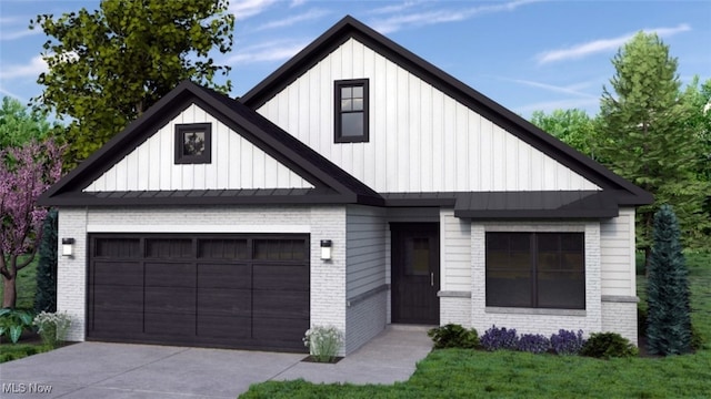 modern inspired farmhouse featuring brick siding, board and batten siding, concrete driveway, a garage, and a standing seam roof