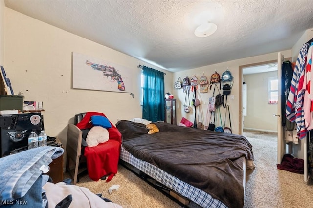 bedroom featuring multiple windows, a textured ceiling, and carpet