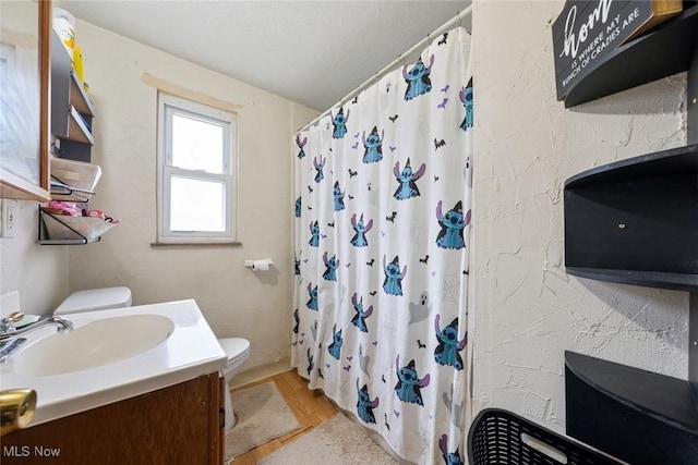 bathroom featuring curtained shower, toilet, vanity, and wood finished floors