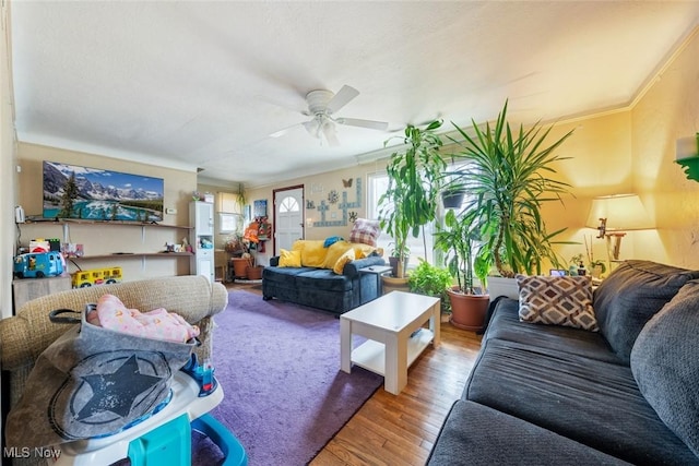 living area with ceiling fan, wood finished floors, and crown molding