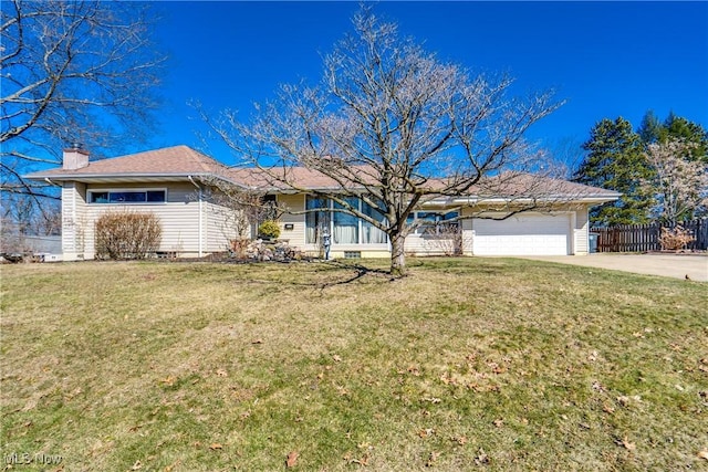 single story home with a front lawn, fence, a chimney, driveway, and an attached garage