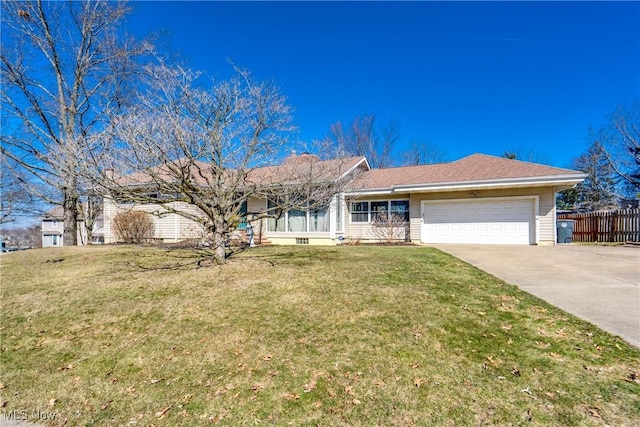 single story home with a front lawn, fence, a garage, and driveway