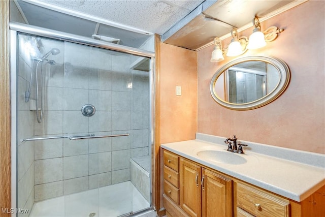 full bathroom with vanity and a shower stall