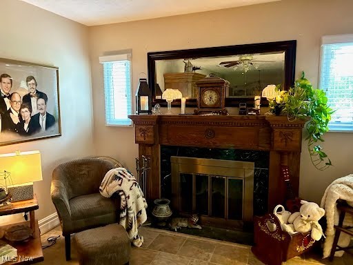 sitting room featuring a premium fireplace