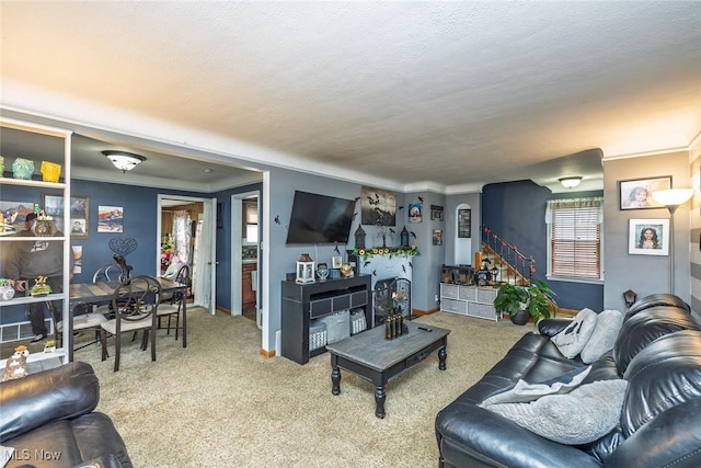 carpeted living room featuring ornamental molding, baseboards, and a textured ceiling