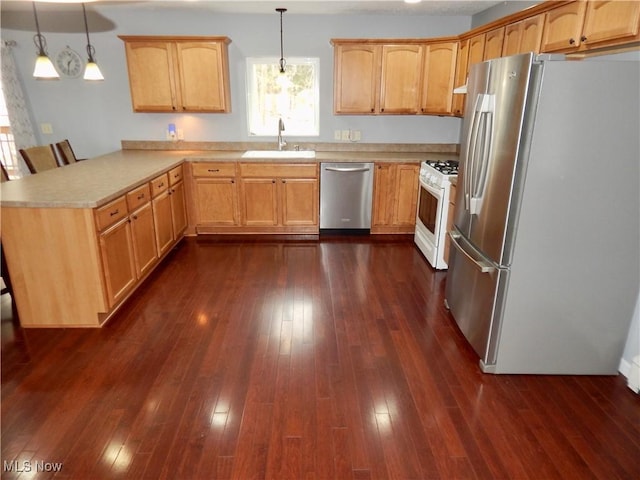 kitchen featuring light countertops, a sink, dark wood-style floors, a peninsula, and appliances with stainless steel finishes