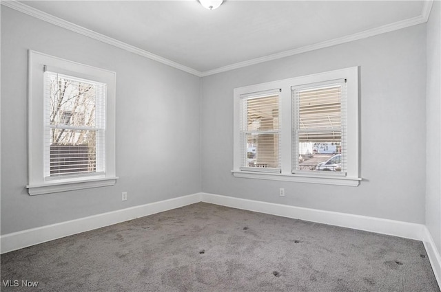 empty room featuring baseboards, crown molding, and carpet